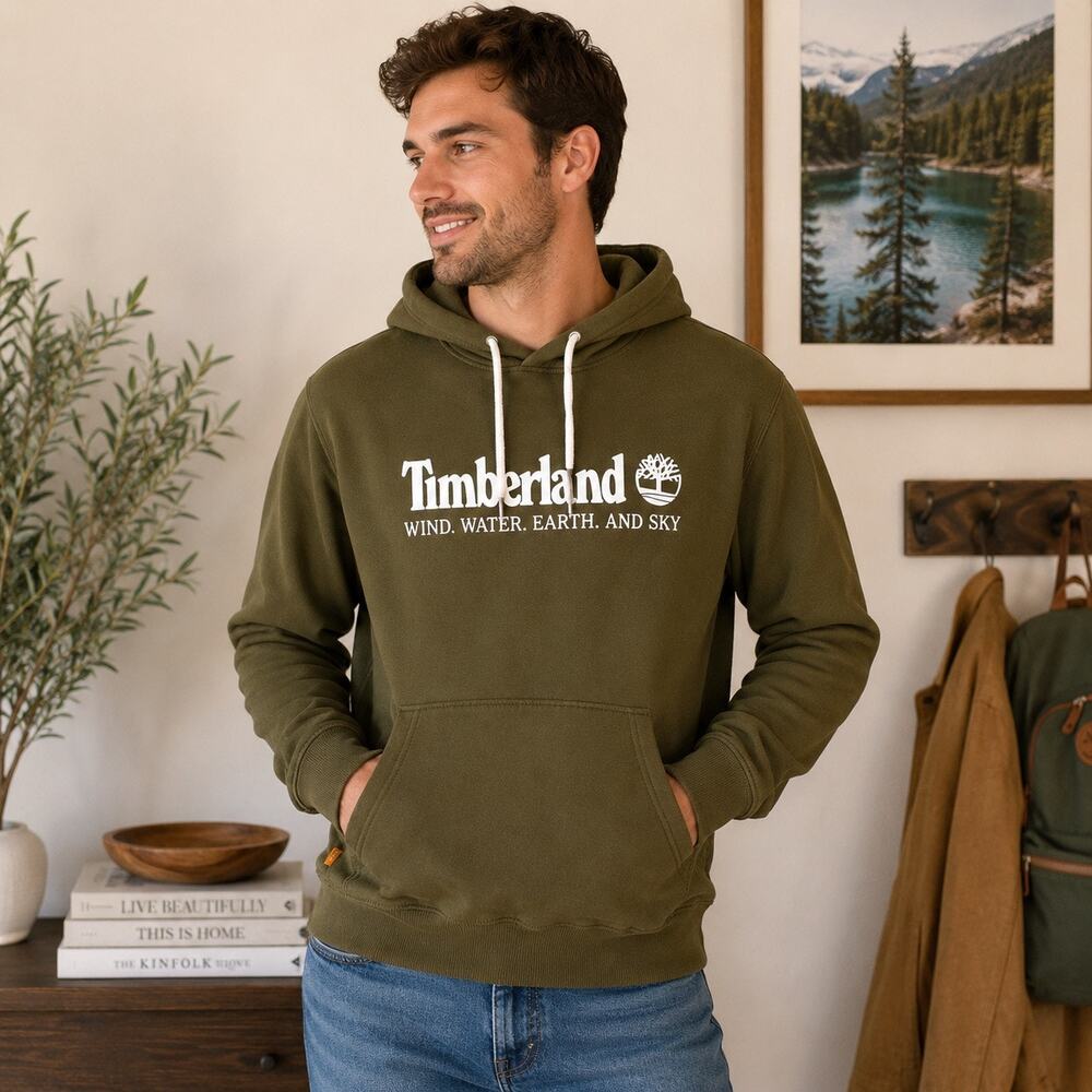 Timberland Olive Green Logo Hoodie Sweatshirt Men’s Medium Outdoor Pullover
